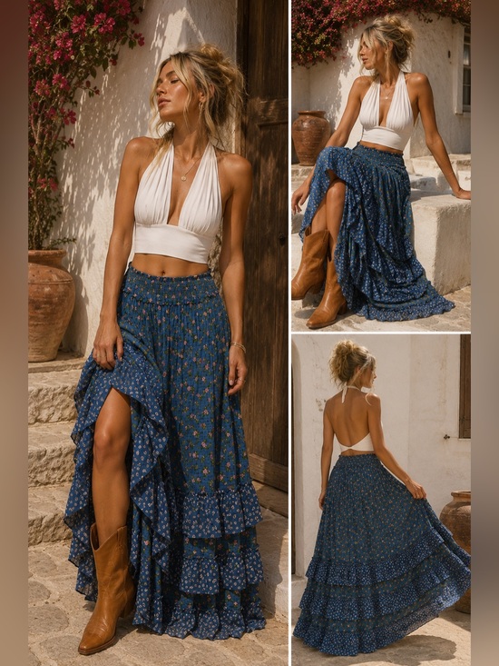 Free People Dresses & Skirts - Free People Brynn Printed Maxi Skirt Chambray Combo XL Boho Floral Cottagecore